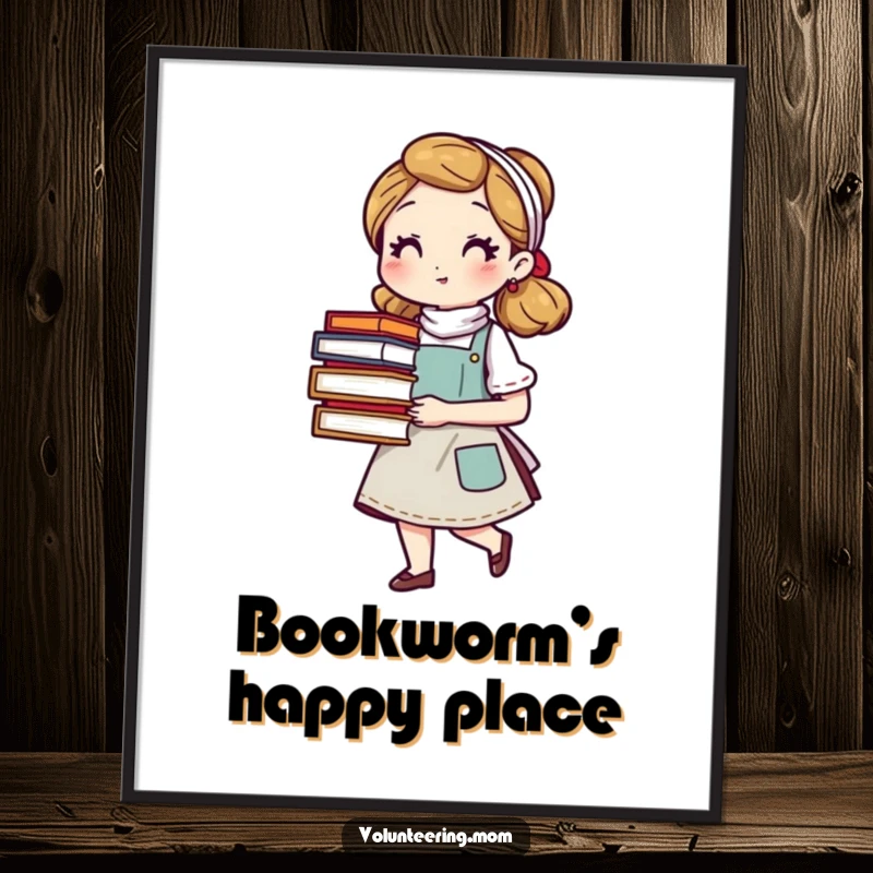 Funny mom poster featuring an apron-clad character with books, celebrating intellectual motherhood and a love for reading, perfect for gifts.