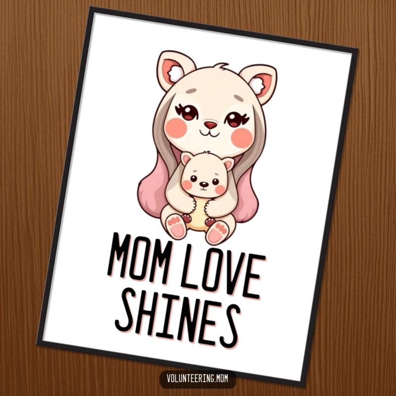Funny Kawaii animal mom poster depicting a sweet mother animal holding her baby, celebrating maternal love.
