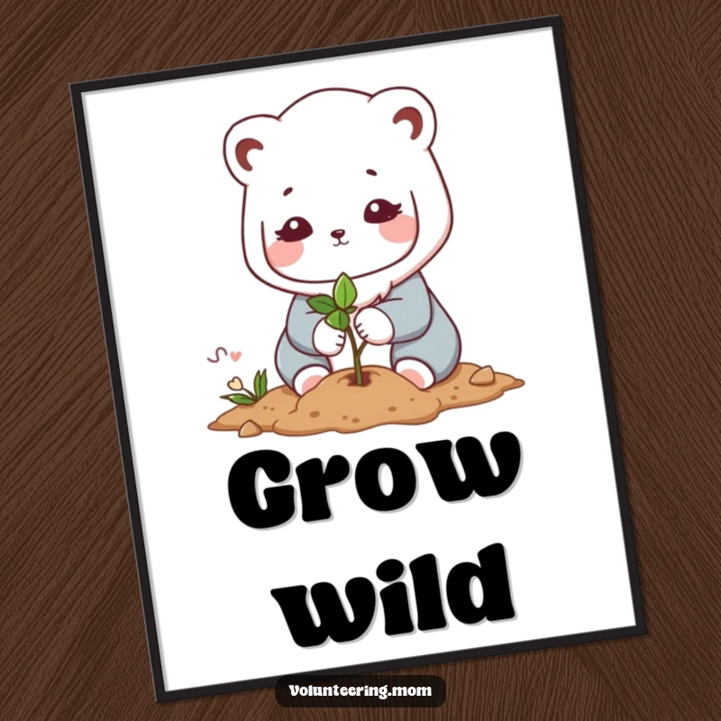 Funny Kawaii mom animal character poster, depicting the gentle act of planting a small sapling with utmost care and affection.
