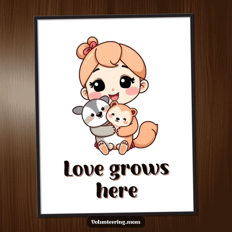 Kawaii mom character with a loving smile holding a cute baby animal, presented as a wall art poster.