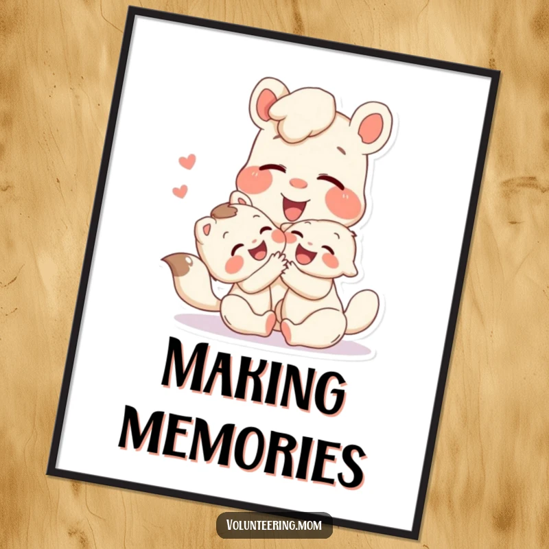 Funny poster art of a happy Mom animal character playing with a child, their shared laughter radiating pure, infectious joy.