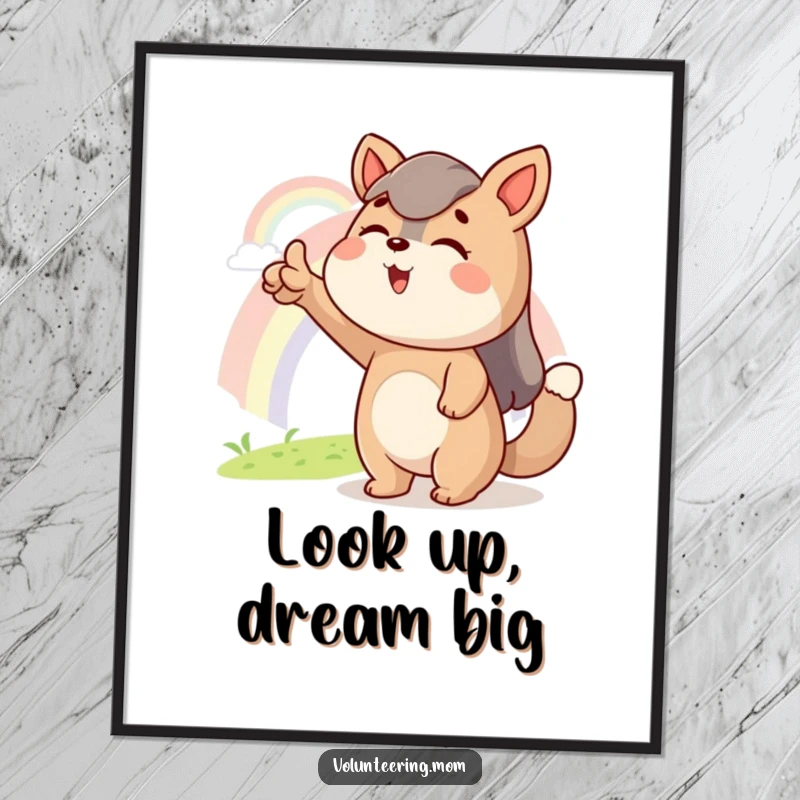 Funny poster art of an excited Mom animal character pointing towards a distant rainbow, capturing a moment of awe and hopeful anticipation.