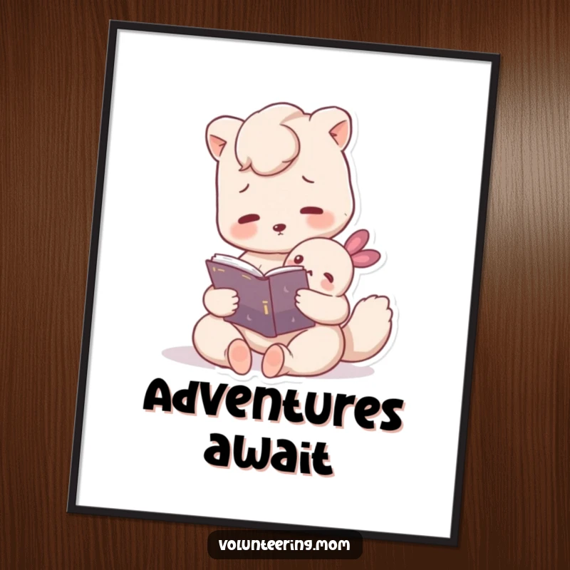 Funny poster art of a caring Mom animal character sharing a story from a book with an attentive small creature, evoking warmth.