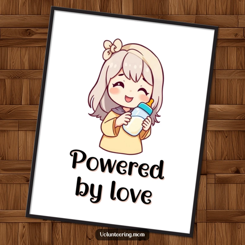 Funny mom poster featuring a smiling character offering a baby bottle, adding a humorous touch to home decor.