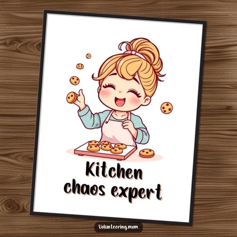 Funny mom character with a messy bun joyfully baking cookies, presented as a wall art poster.