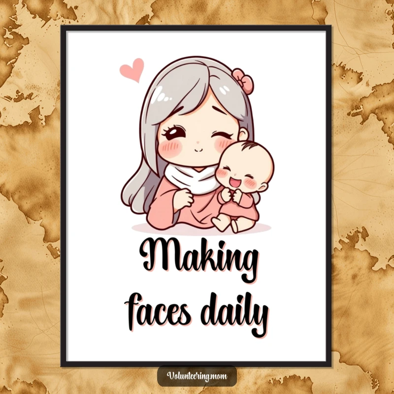 Funny poster art of a mom making a hilariously funny face to entertain her child, radiating pure joy.