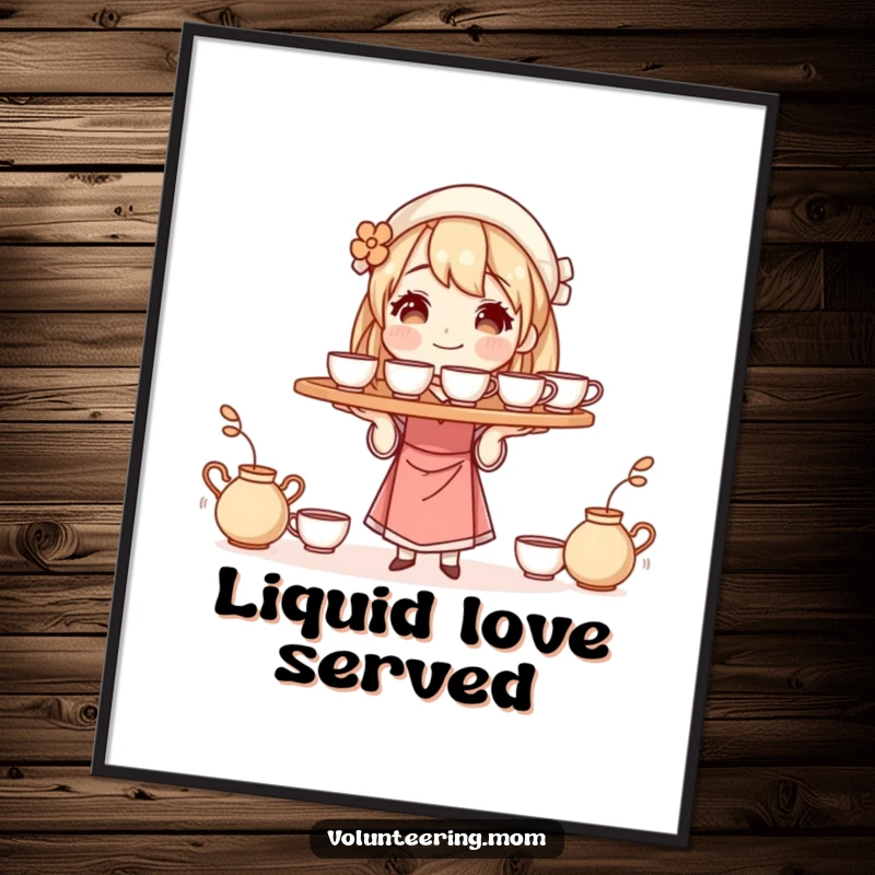 Funny poster art of a mom character balancing a tray of steaming cups, celebrating multitasking motherhood with humor.