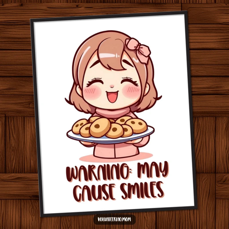 Funny mom poster artwork showcasing a smiling mom character enthusiastically presenting a plate brimming with delicious cookies.