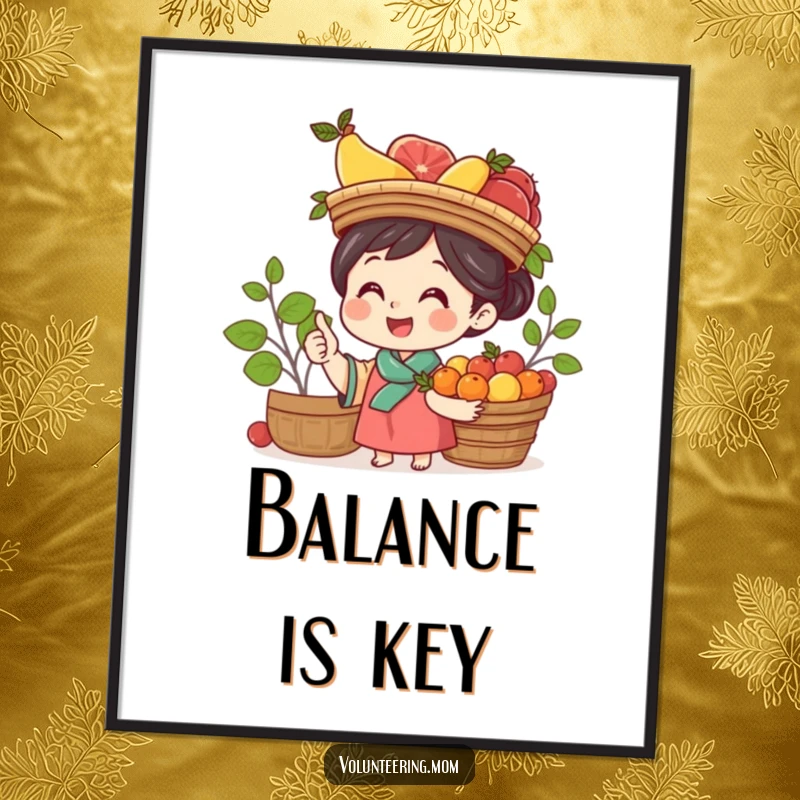 Funny Mom Poster: Cheerful mom balancing a vibrant fruit basket on her head, exuding playful energy and joy.