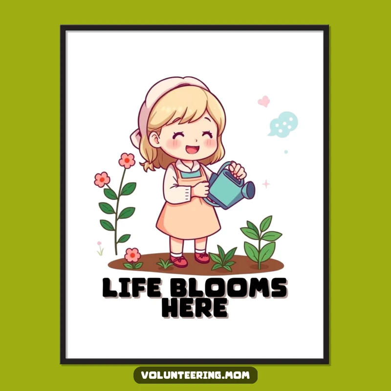 Funny Mom Gardener Poster: Cheerful art of mom tending garden, a humorous wall decor gift for plant lovers.