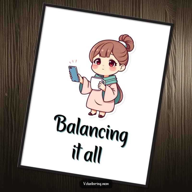 Funny poster art of a mom character skillfully balancing a phone and a mug, representing the busy mom life.