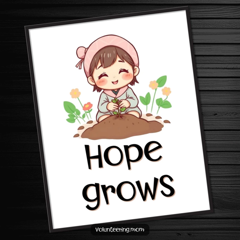 Funny Mom Poster: Hopeful mom planting a tiny seed, creating a serene and inspiring visual.