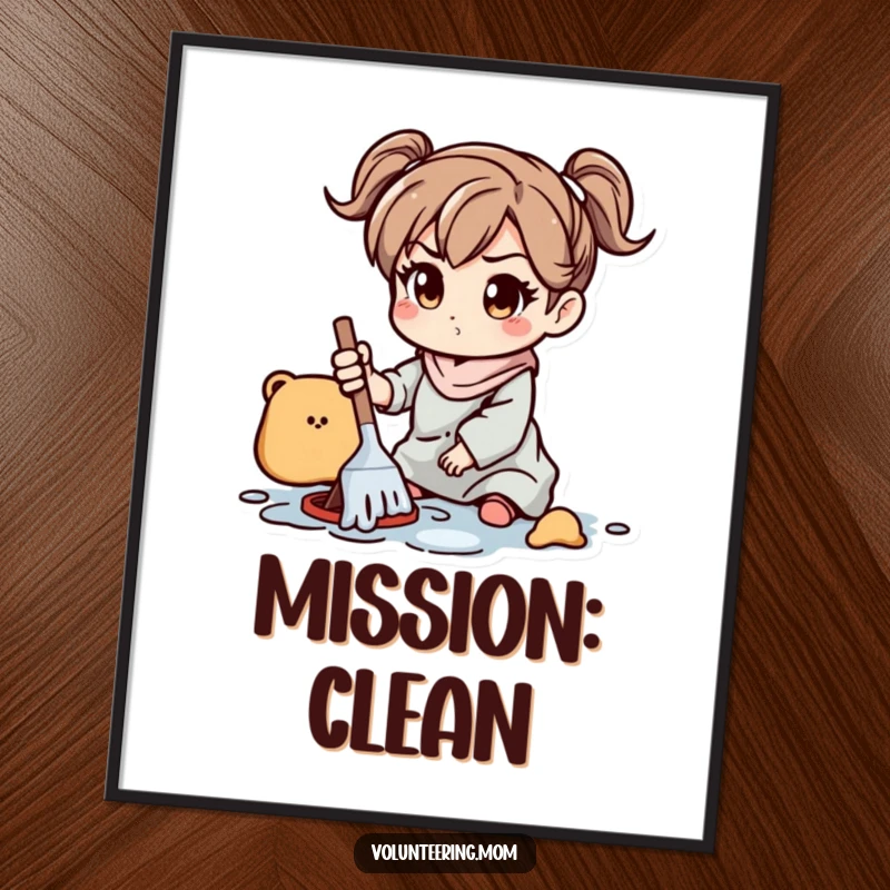 Funny Poster: A vibrant poster depicting a mom character with a determined look, actively cleaning up toys and scattered items.