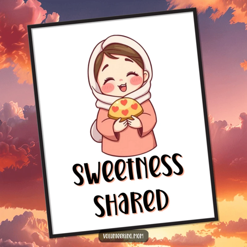 Funny Poster: A heartwarming poster depicting a mom character in a warm hug, offering a bite of a delectable pastry.
