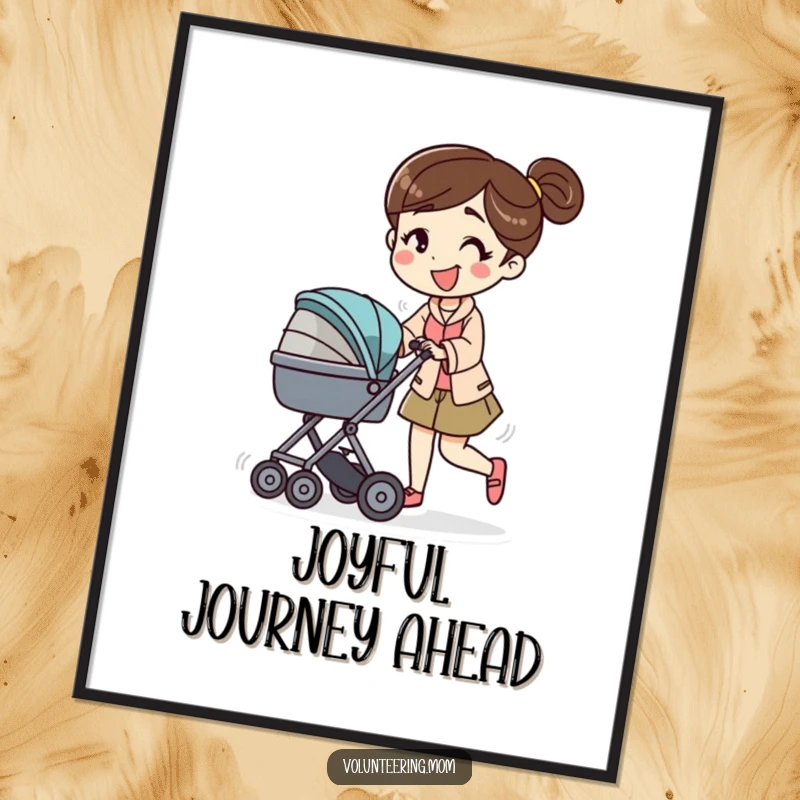 Funny poster art of a mom character energetically pushing a baby stroller with a smile, celebrating active motherhood with humor.