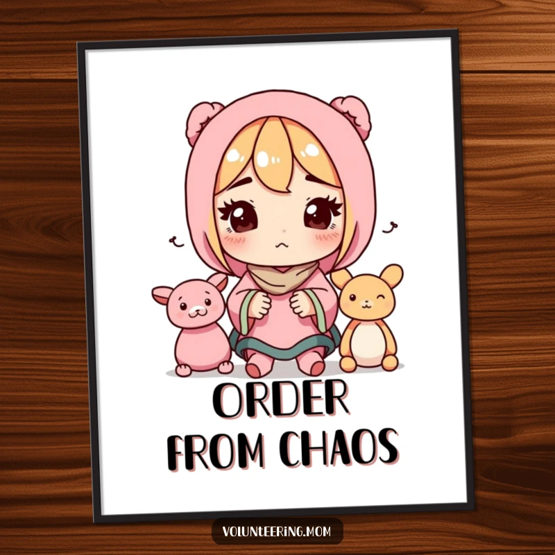 Funny poster art of a determined mom character tidying up toys, representing order and humorous effort.
