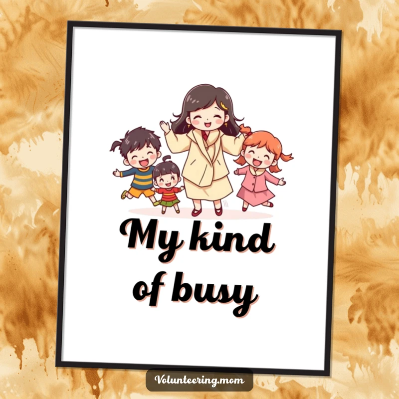 Funny mom poster featuring a cheerful character juggling multiple kids, celebrating motherhood and multitasking with humor, perfect for gifts.