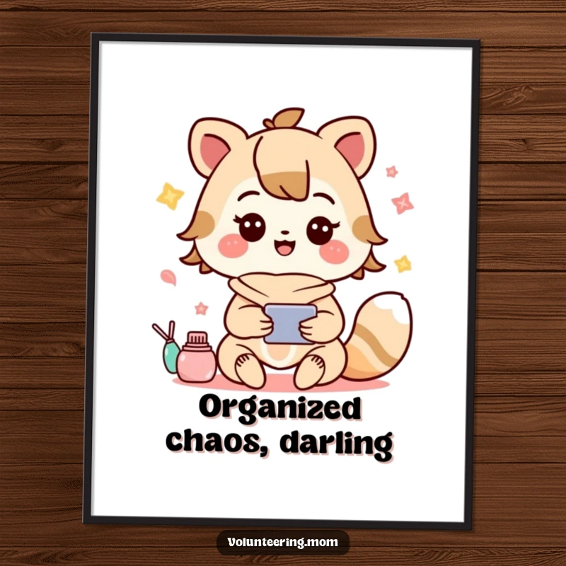 Funny poster featuring a vibrant Kawaii mom animal character happily engaged in multiple activities simultaneously, a true multitasker.