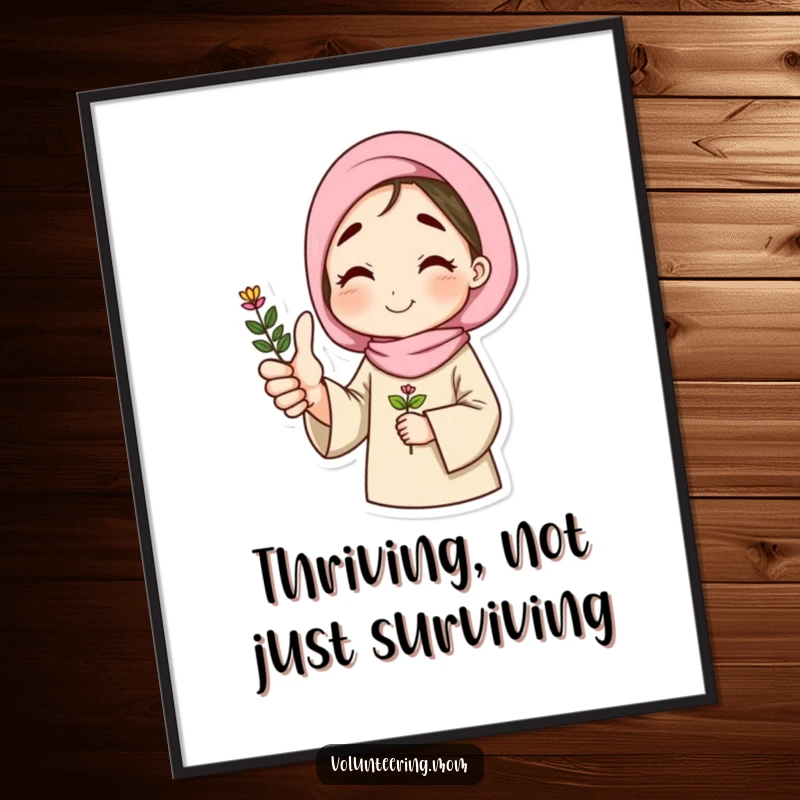Funny poster art of a mom giving a thumbs up while holding a plant, radiating happiness and nature.
