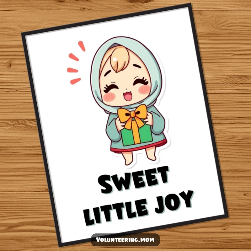 Funny poster art of a kawaii mom character looking utterly thrilled and excited about receiving a gift.