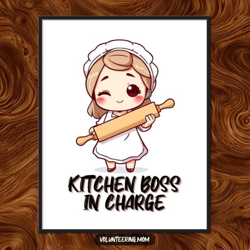 Funny mom poster, a winking mom character holding a rolling pin, a humorous and stylish piece of kitchen wall art.