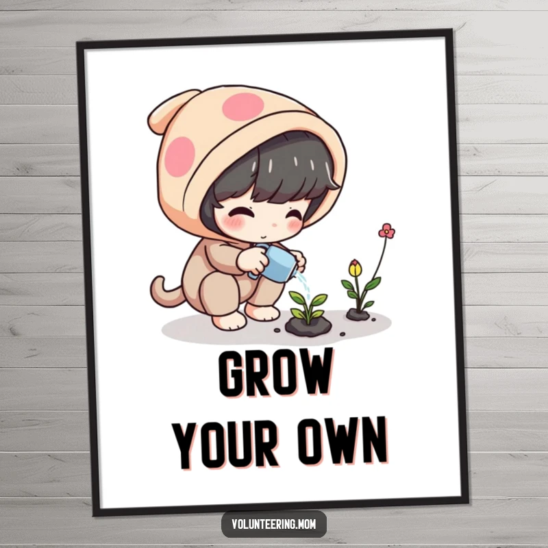 Funny Plant Poster illustrating a playful character diligently watering a small, magical plant, symbolizing growth and enchantment.