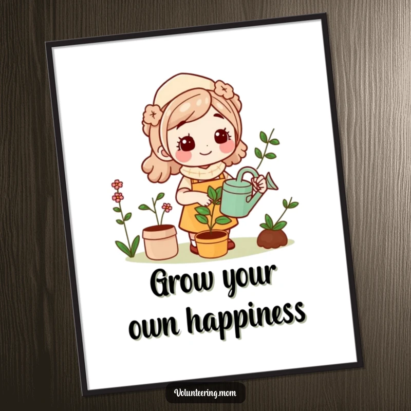 Funny Kawaii Mom gardening poster, vibrant artwork of a smiling mom watering plants, cheerful home decor.