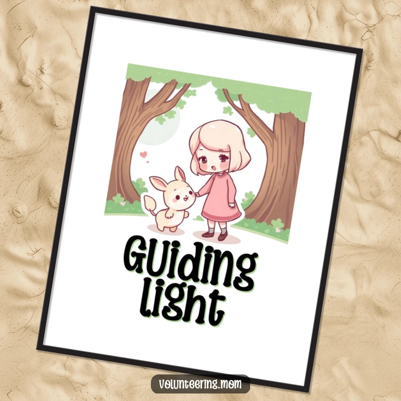 Funny Poster: A heartwarming poster depicting a mom character gently nudging a lost, small creature in the right direction.