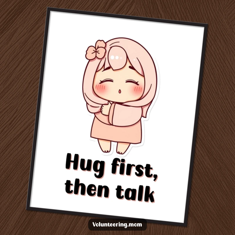 Funny Mom Hug Poster: Sweet mom character with eyes closed, in a warm embrace, bringing joy to any wall as a funny art piece.