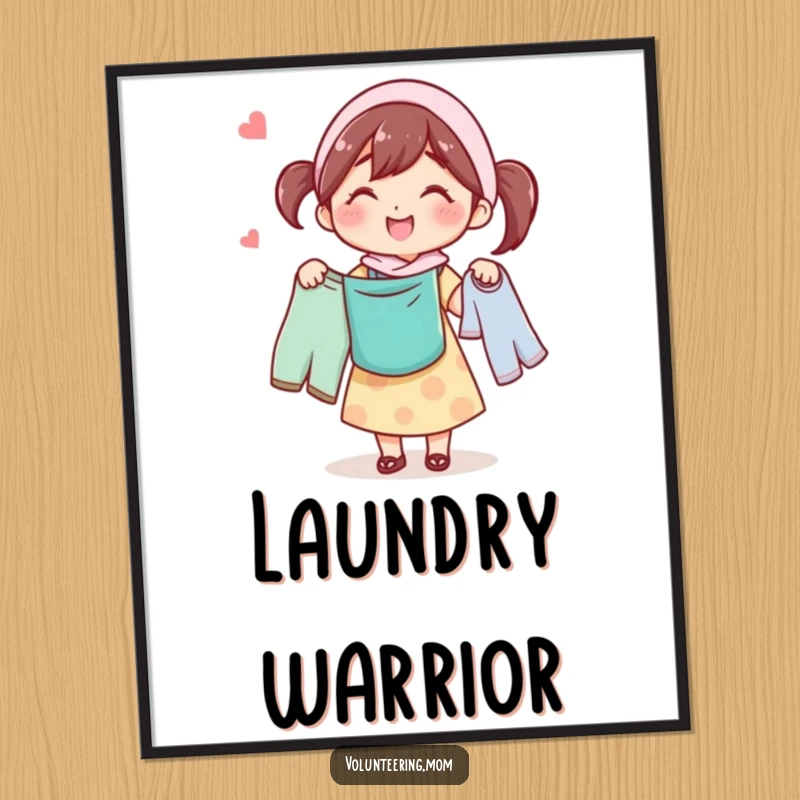 Funny poster art of a joyful mom character humming while carrying a pile of laundry, radiating domestic bliss.