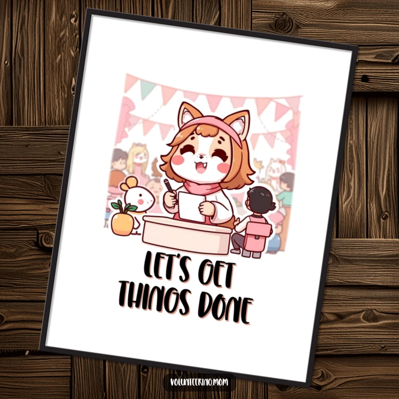 Funny poster showcasing a cute Kawaii mom animal character enthusiastically organizing a vibrant community event for everyone to enjoy.