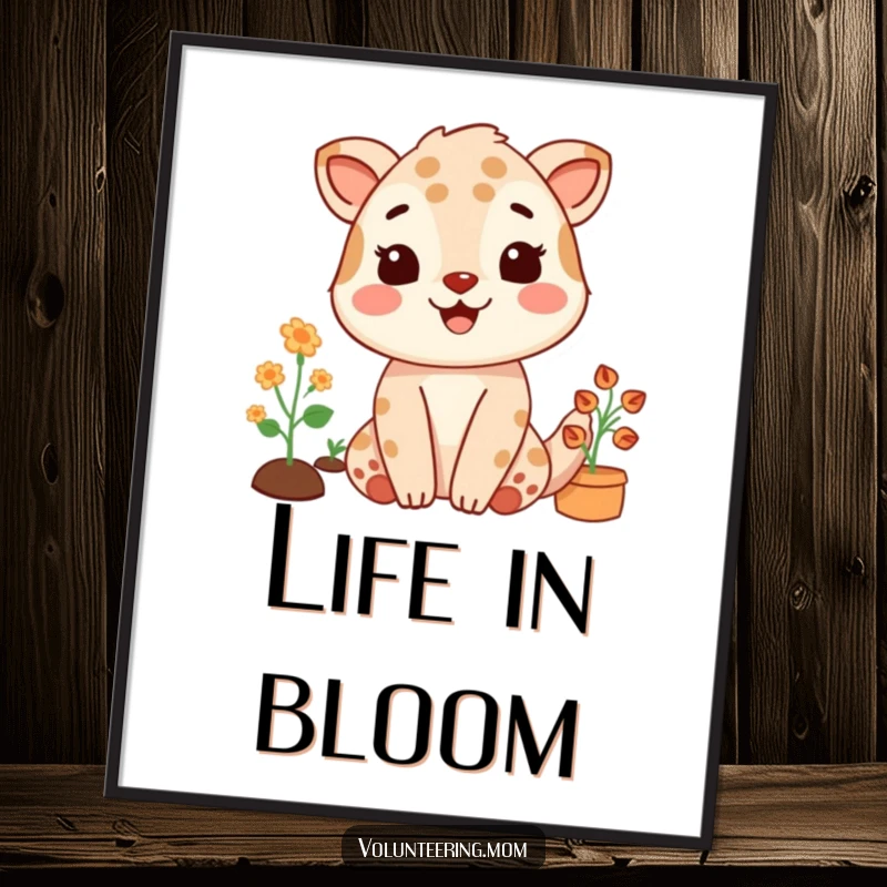 Funny poster art of a mom animal character gardening with a satisfied smile, celebrating nature's beauty.