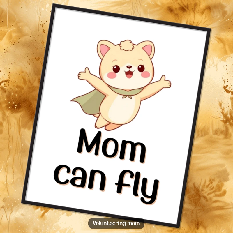Funny poster art of a mom animal character wearing a cape, flying with arms outstretched, celebrating maternal strength.