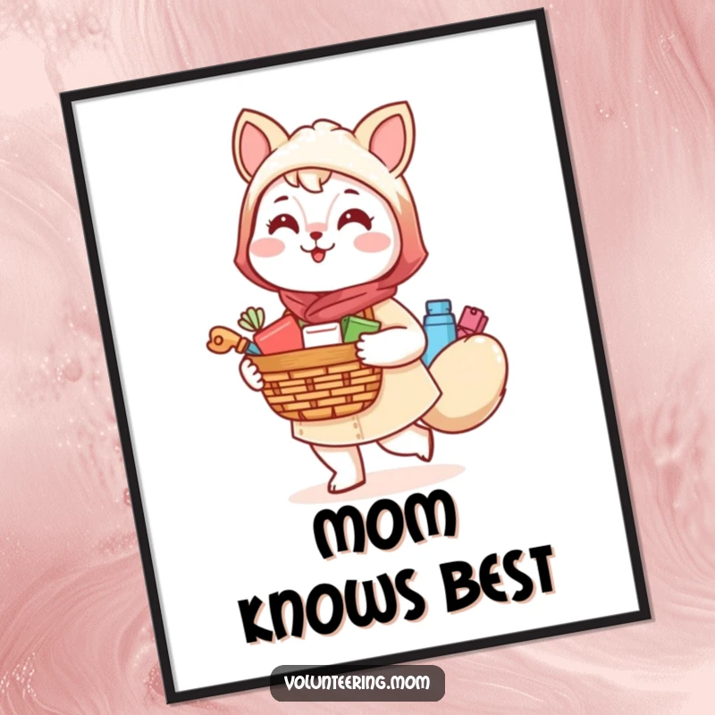 Funny Kawaii Mom Animal Poster, a cheerful mom character holding a basket, bringing joy to any room.