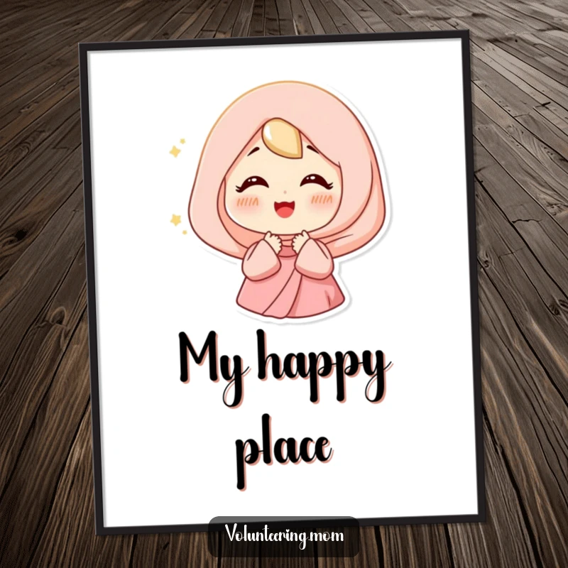 Funny Happy Mom Poster featuring a woman sighing contentedly, surrounded by a soft, glowing light, symbolizing peace.