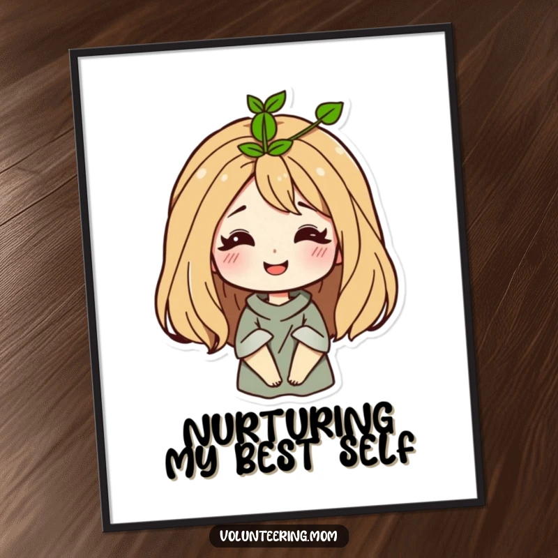 Funny Mom Poster featuring a smiling woman with a sprout growing from her hair, symbolizing growth and motherhood.