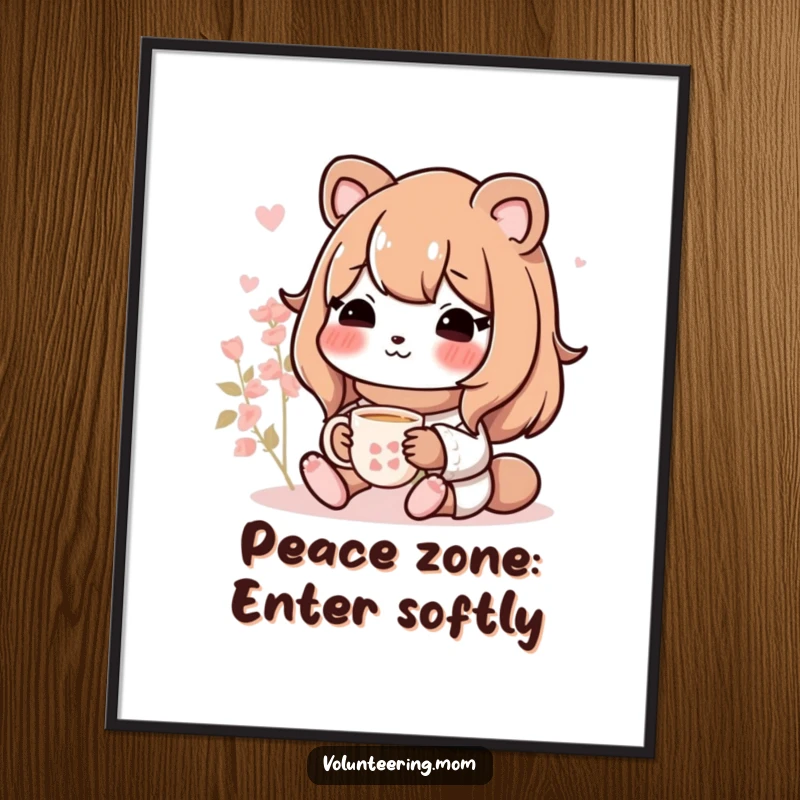 Funny Mom animal character depicted in a charming art style, peacefully sipping tea, bringing a cozy vibe to any room.