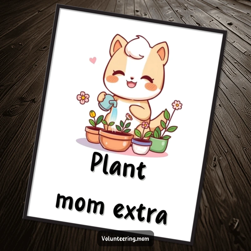 Kawaii mom anthropomorphic animal joyfully watering plants, cute gardening poster, whimsical wall art, humorous decor.