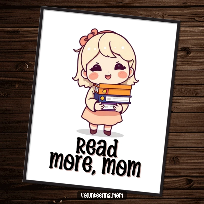 Funny poster art of a mom character holding a large stack of books with a knowing, intelligent smile.