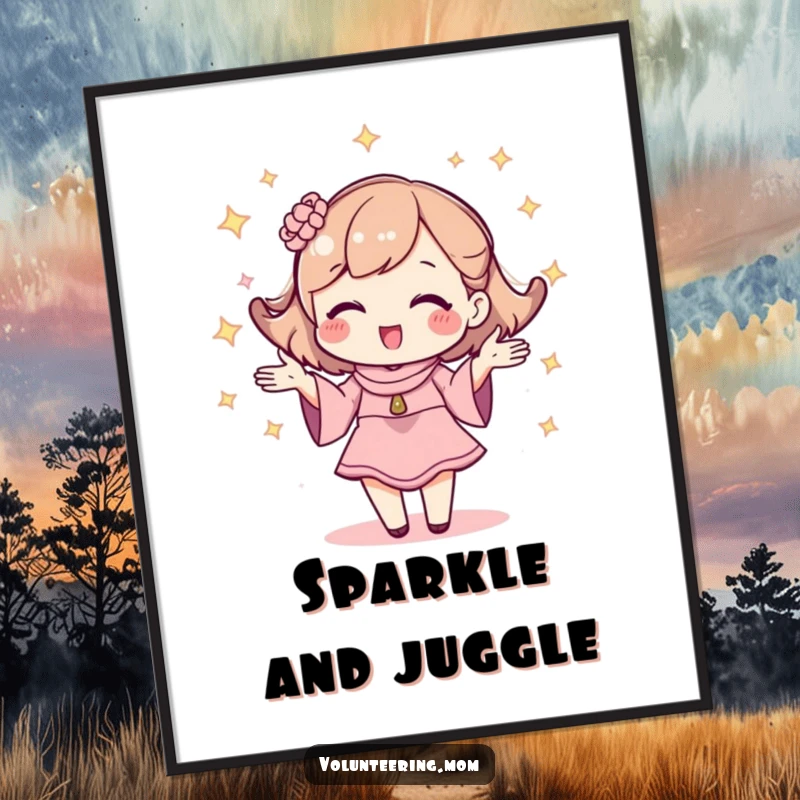 Funny poster depicting a kawaii mom character, surrounded by sparkles, humorously juggling tasks.