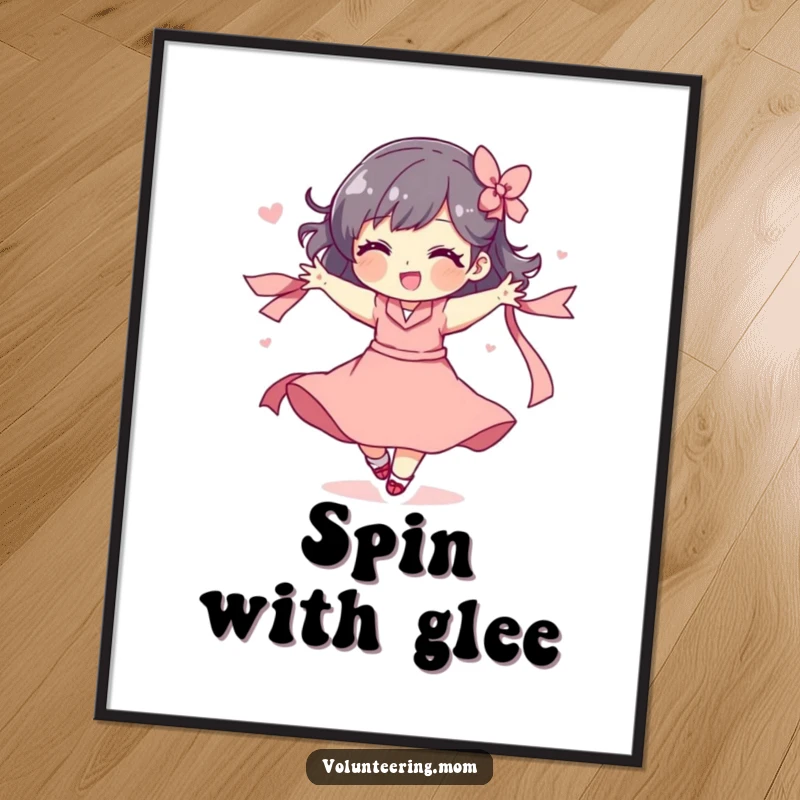 Funny poster art of a mom character in a graceful, playful spin with a colorful ribbon trailing behind.