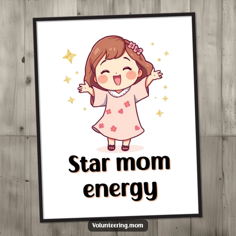 Funny poster art of a happy mom character dancing joyfully amidst a swirl of sparkling glittery stars.