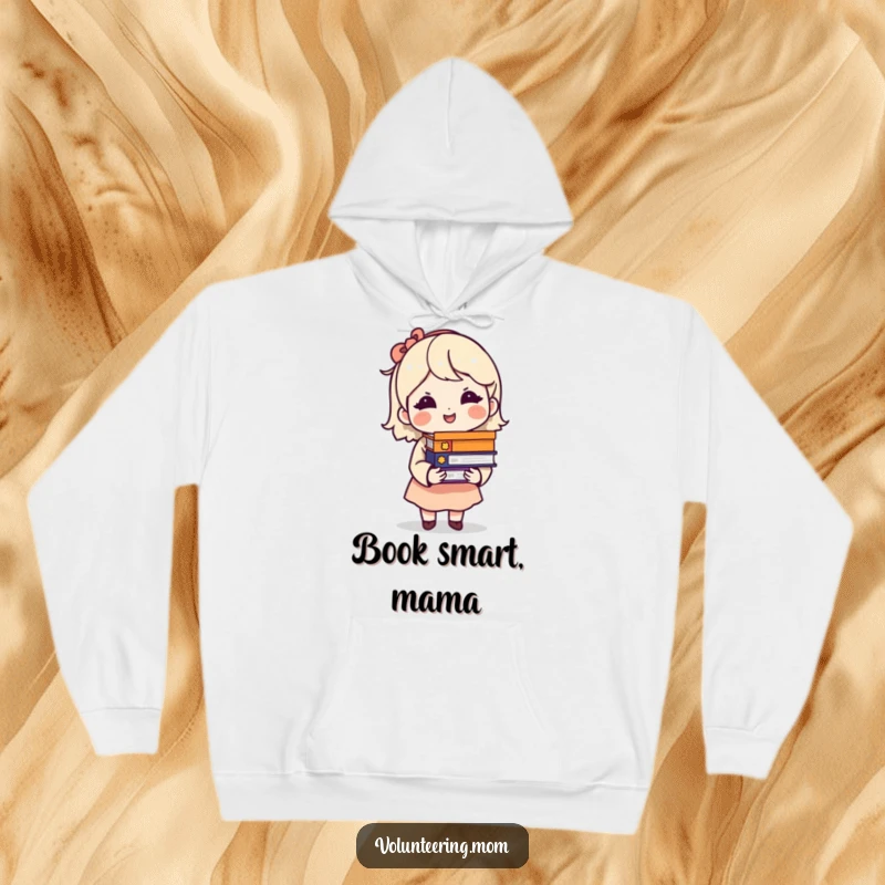 Funny hoodie depicting a wise mom character with a knowing smile, clutching a substantial stack of books.