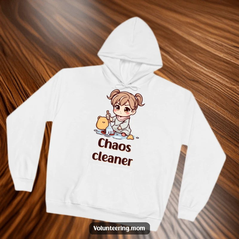 Funny Hoodie: A comfortable hoodie depicting a mom character with a determined gaze, cleaning up a playful, colorful mess.