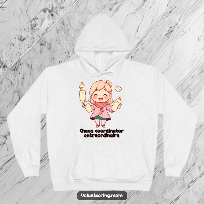 Funny mom hoodie, showing a smiling mom juggling baby bottles, ideal for cozy and humorous relaxation.