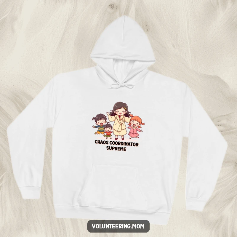 Funny mom hoodie featuring a cheerful character juggling kids, offering warmth and a humorous tribute to multitasking moms, a great funny gift.