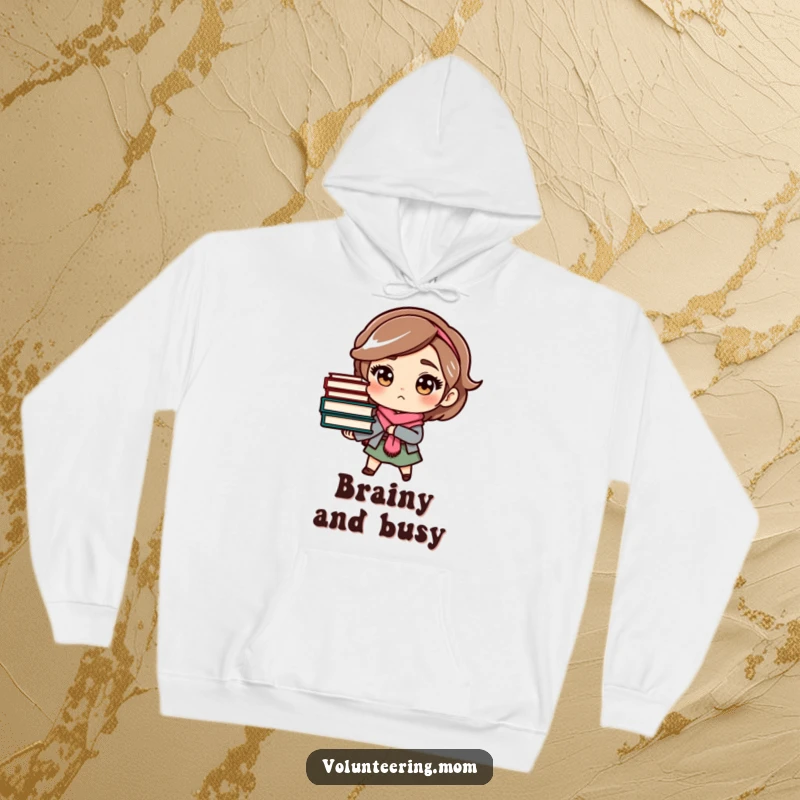 Funny mom hoodie with a determined character carrying a stack of books, perfect for staying warm while reading.