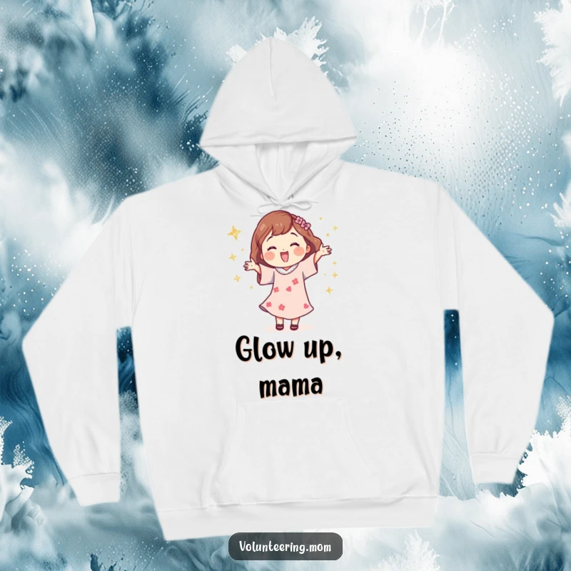 Funny hoodie showing a cheerful mom character dancing amidst a shower of glittery stars, exuding pure joy.