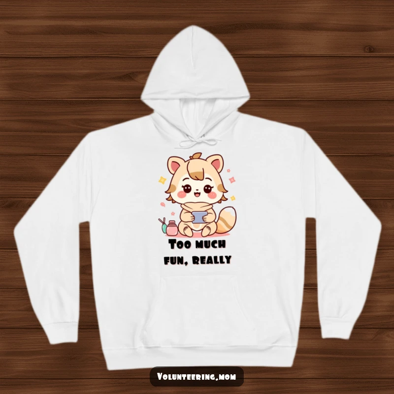 Funny hoodie with a happy Kawaii mom animal character expertly handling several jobs simultaneously, radiating positivity.