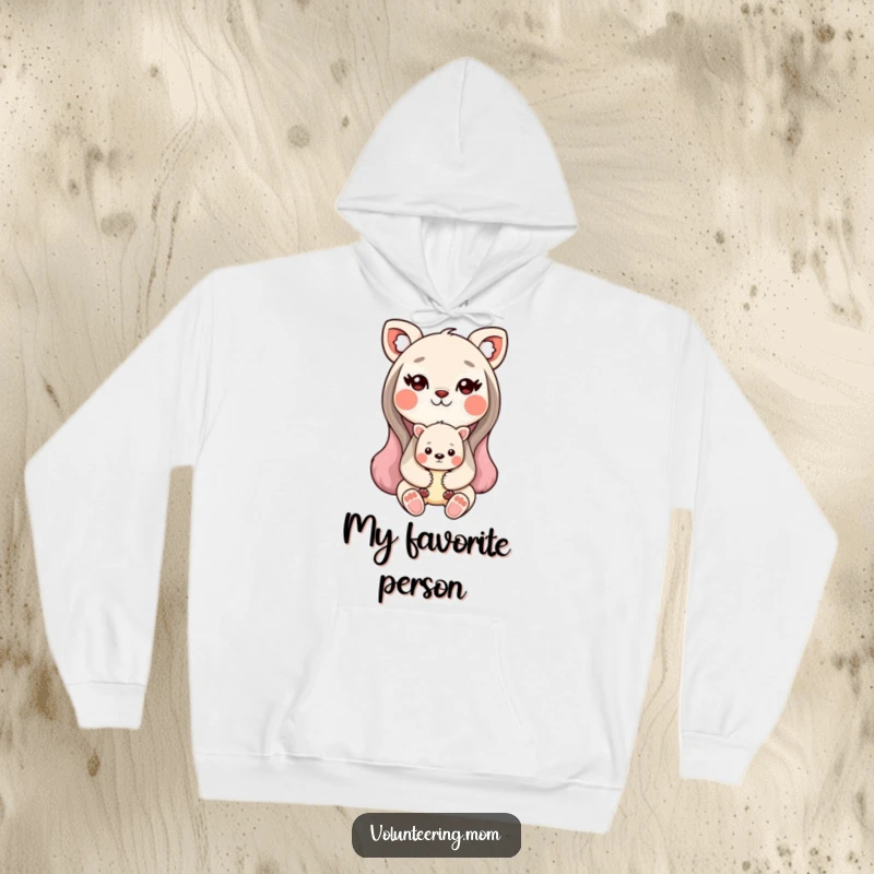 Funny Kawaii animal mom hoodie designed with a mother animal character sweetly holding her baby, offering warmth.